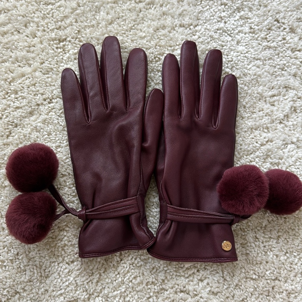 Ugg - Burgundy Leather Gloves with Pom Poms